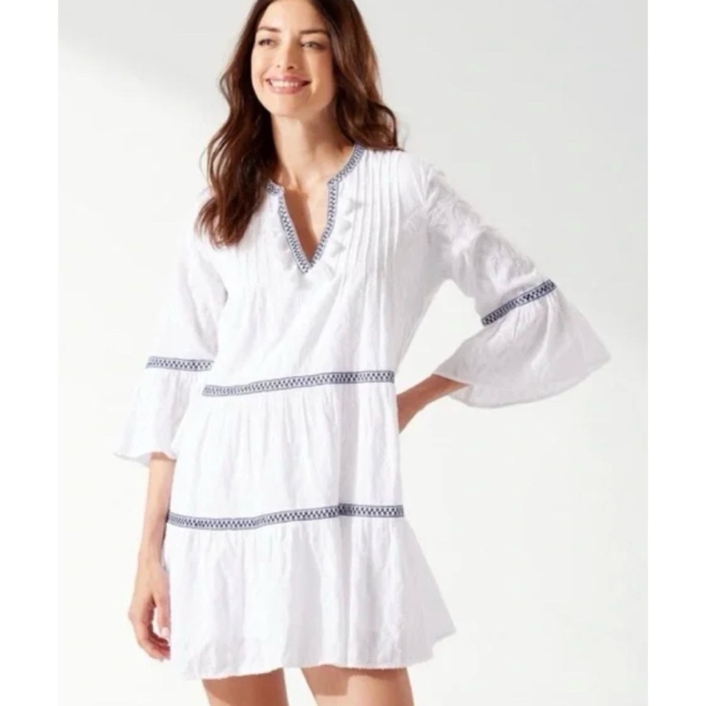 Tommy Bahama Cotton Clip Embroidered Tier Dress L vacation white boho country